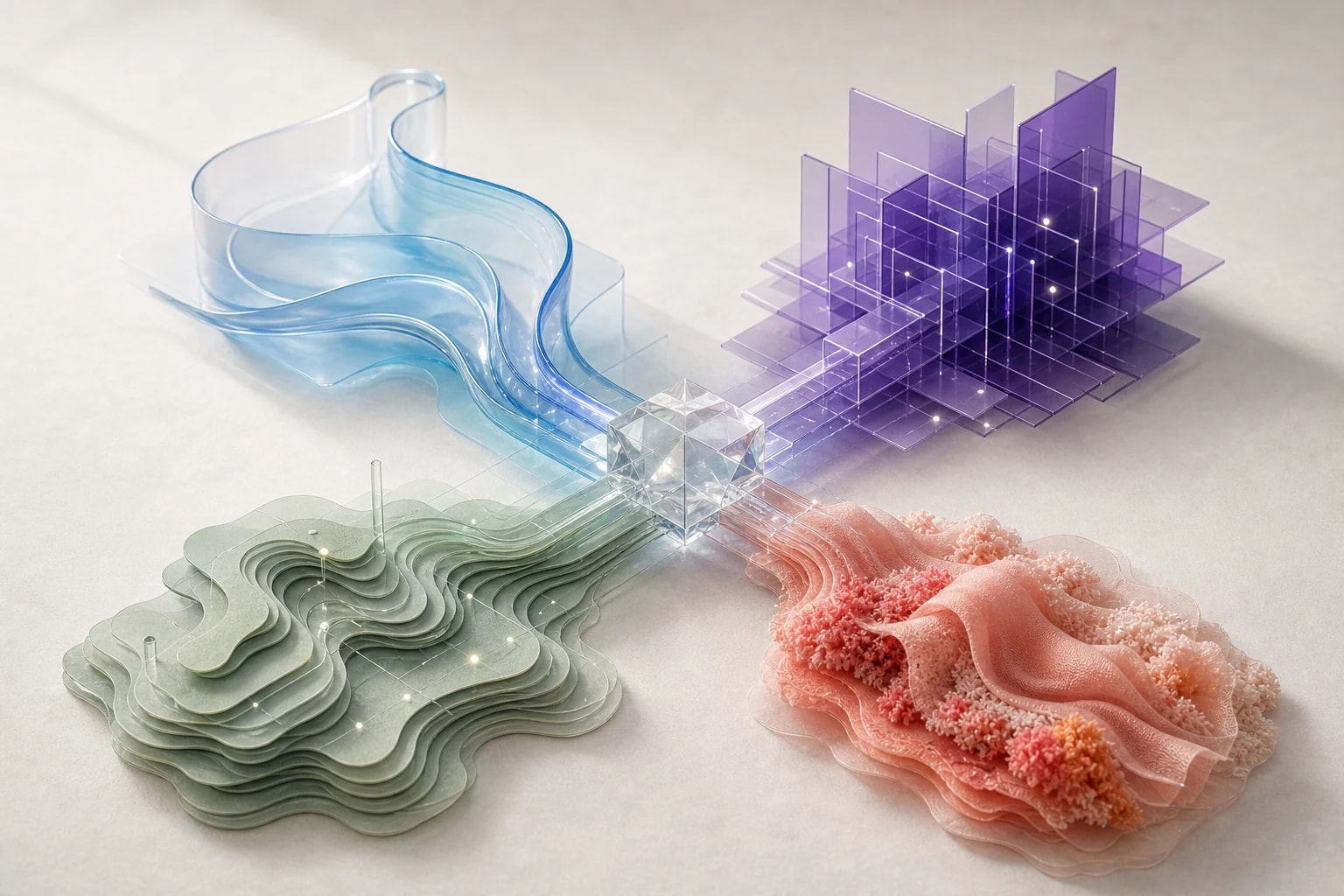 Composition abstraite réunissant le design, le développement, le SEO et la stratégie autour d’un noyau transparent
